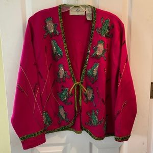 Sz XL Frog themed beaded sweater